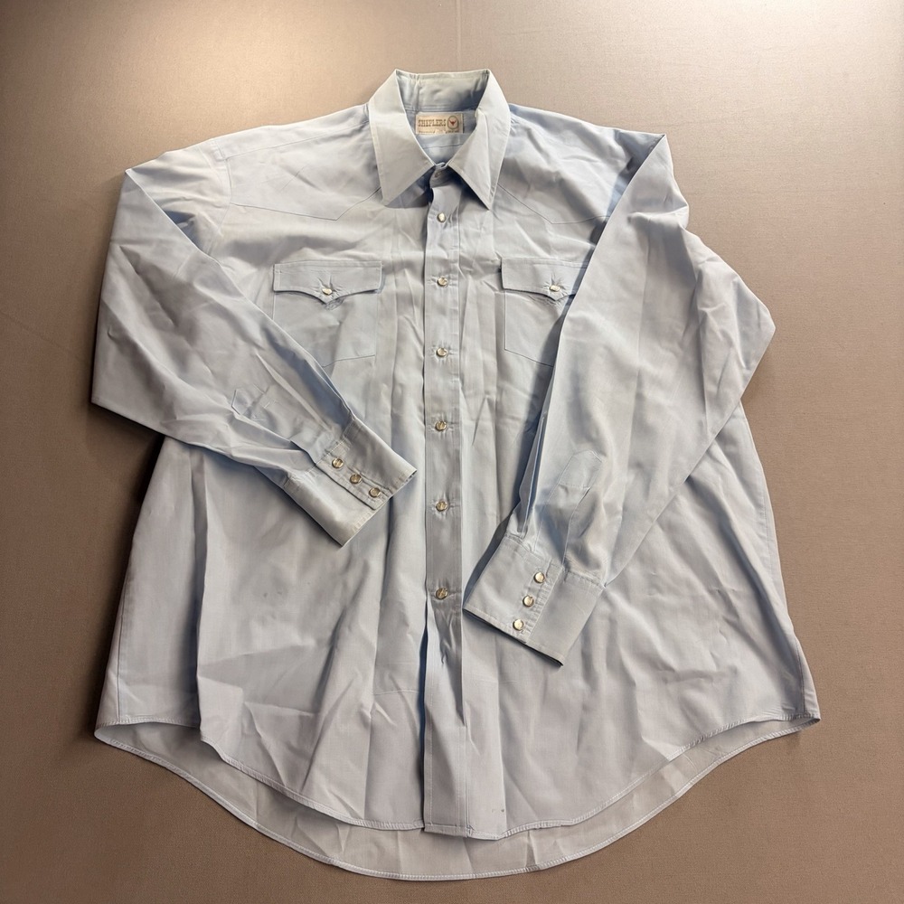 Vintage Sheplers Mens 16 35 Blue Pearl Snap Western Shirt Cowboy Korea